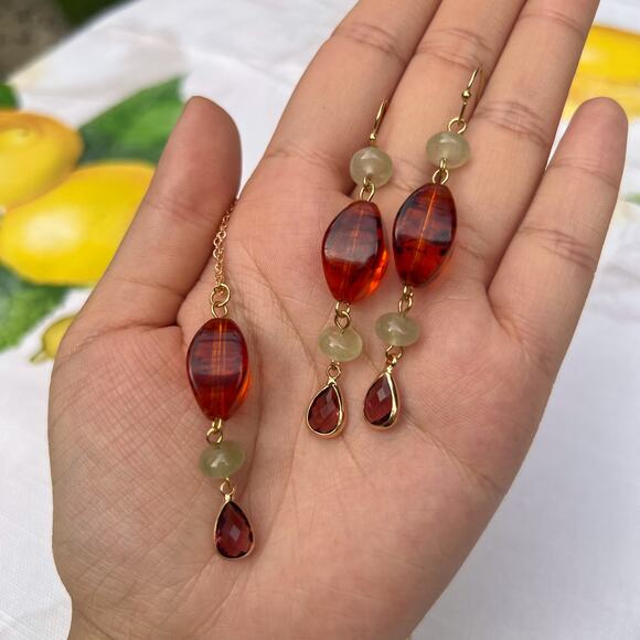 Amber Garnet Wine Red Crystal Glass Cantaloupe Fruit Green Casual Jewelry Set - Picture 3 of 6